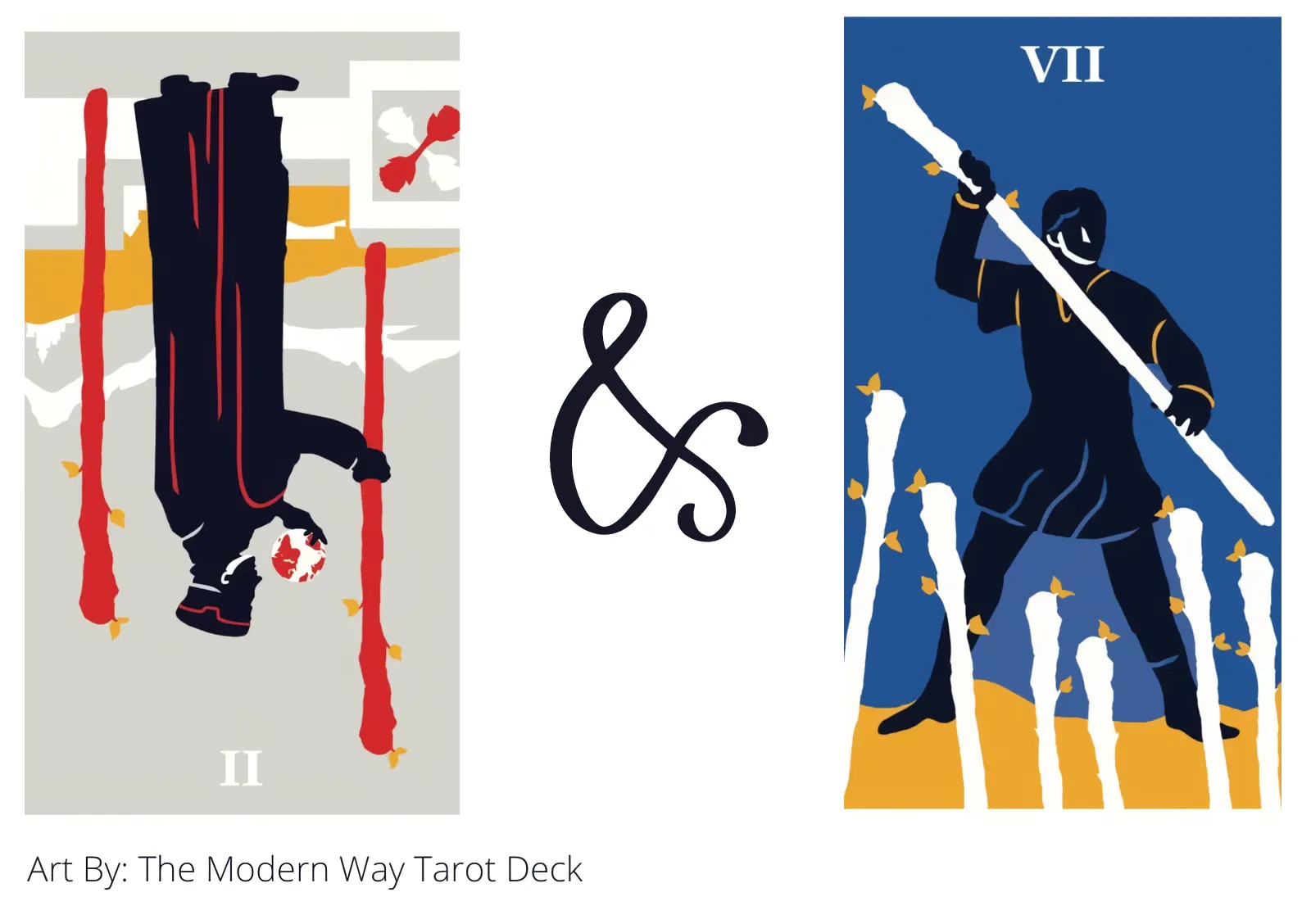 two of wands reversed and seven of wands tarot cards together