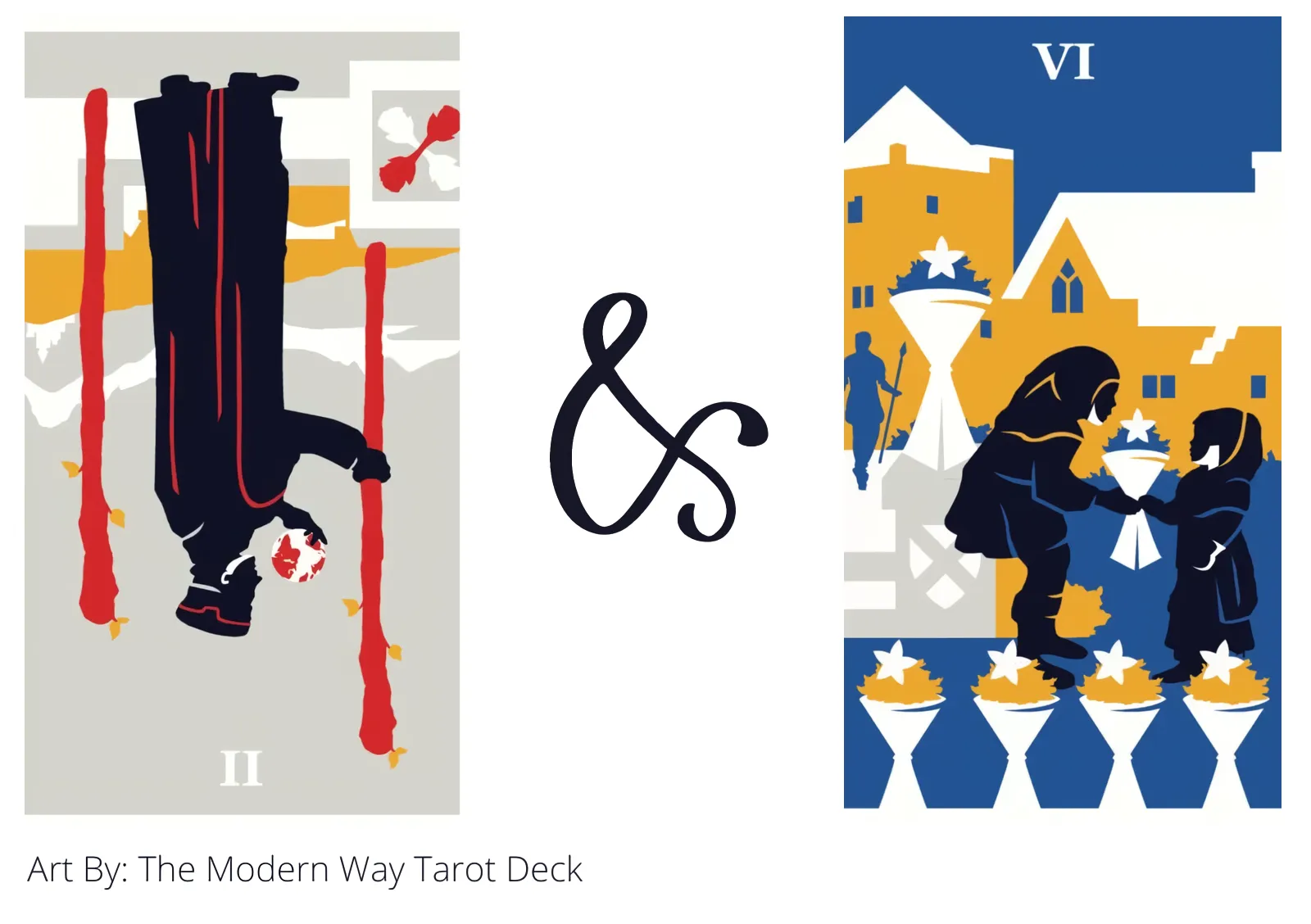 two of wands reversed and six of cups tarot cards together