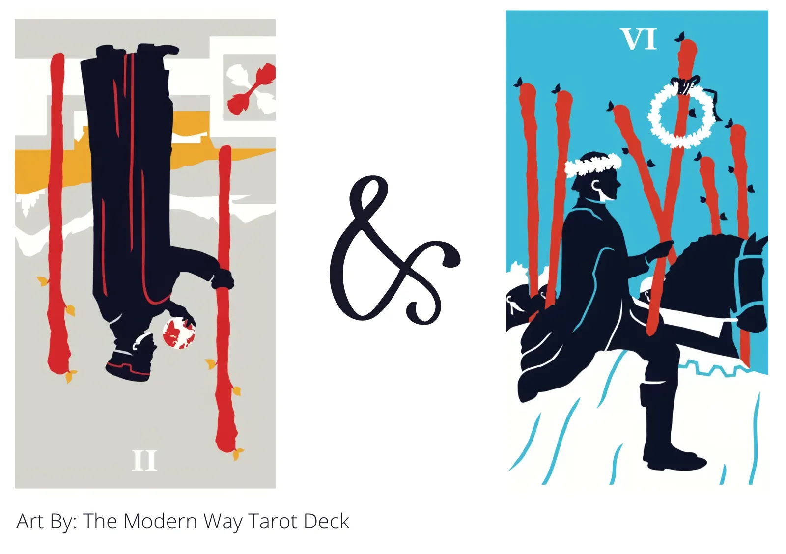 two of wands reversed and six of wands tarot cards together