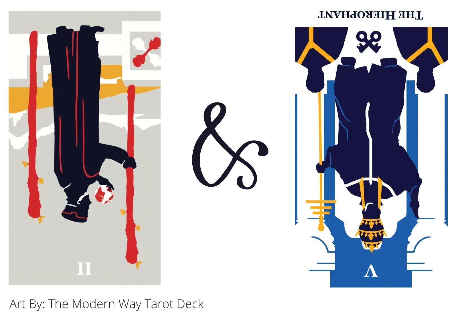 two of wands reversed and the hierophant reversed tarot cards together