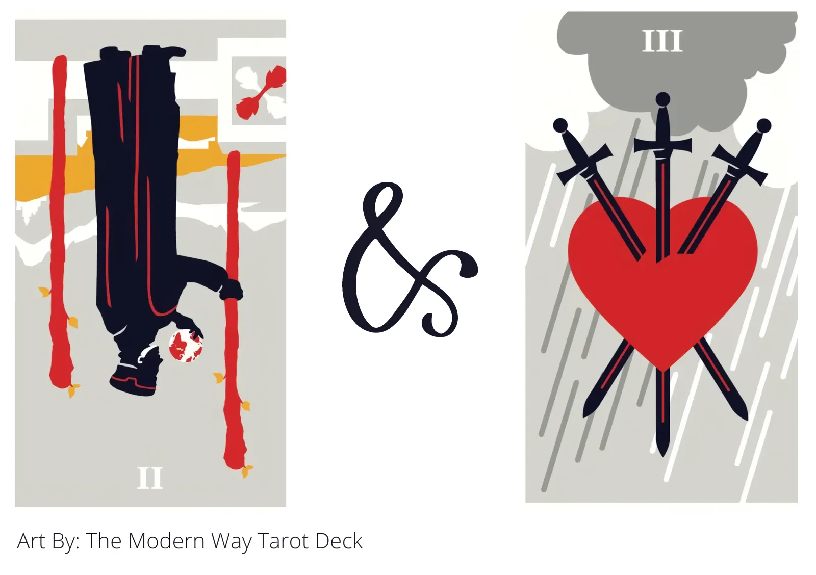 two of wands reversed and three of swords tarot cards together