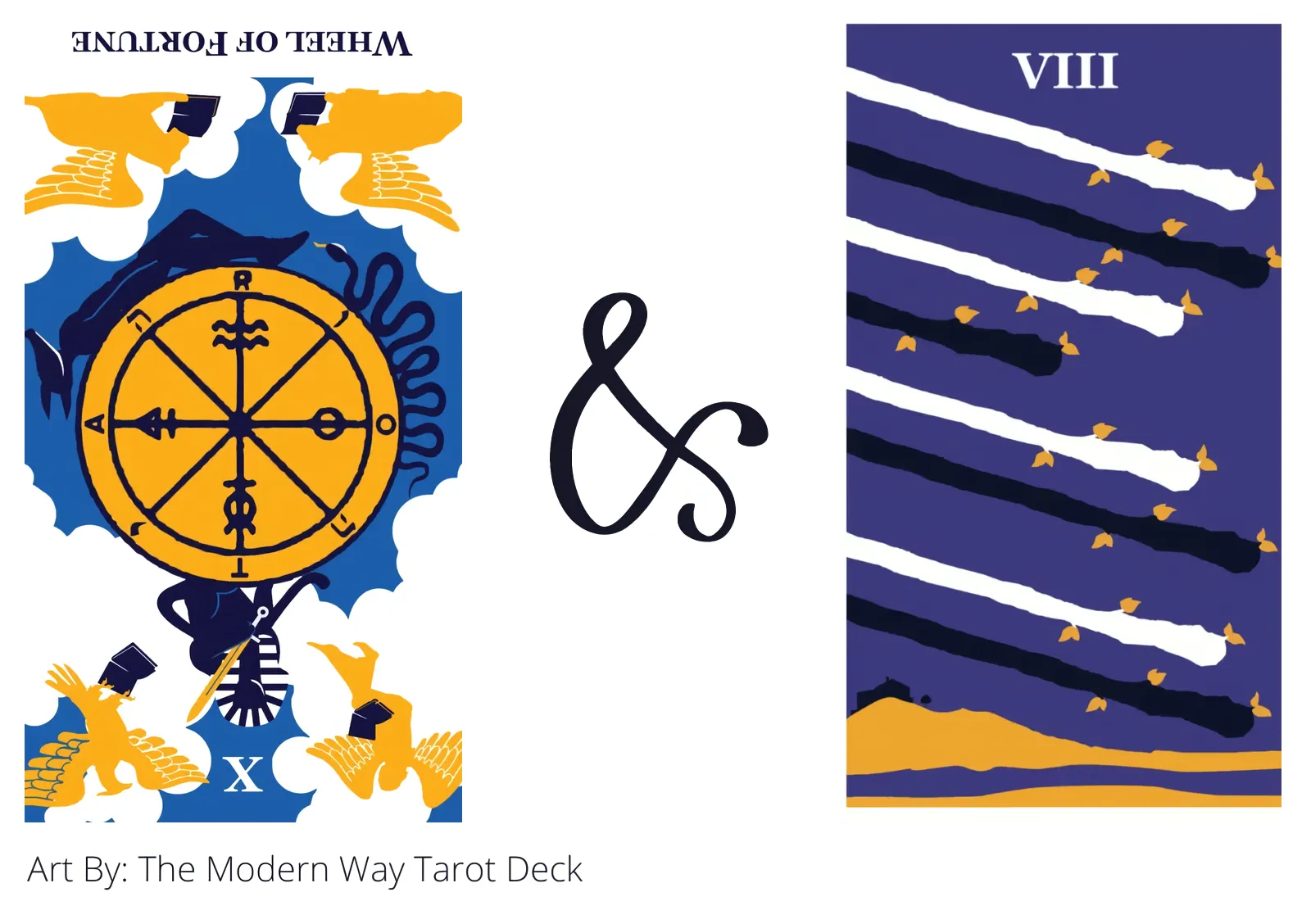 wheel of fortune reversed and eight of wands tarot cards together