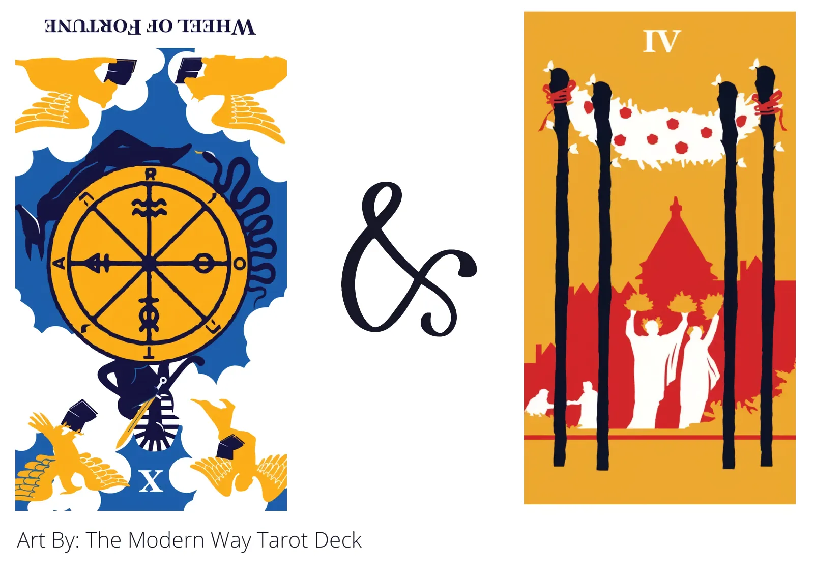 wheel of fortune reversed and four of wands tarot cards together
