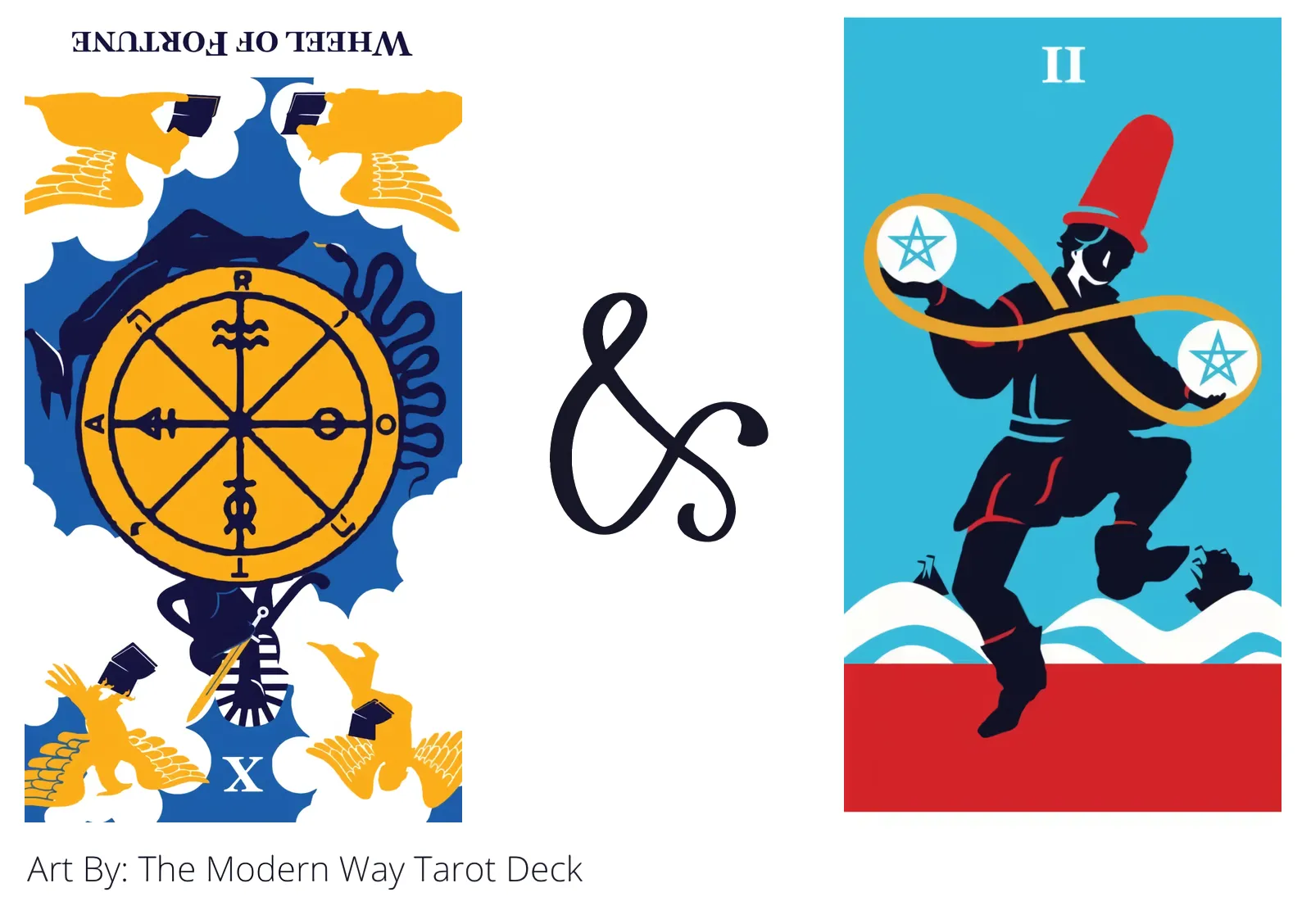 wheel of fortune reversed and two of pentacles tarot cards together